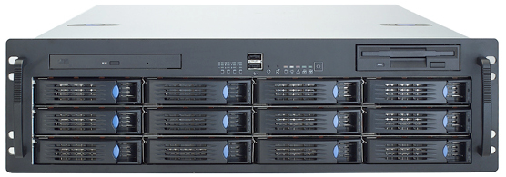 Front with 12 hot swap HDD (Hard Disk Drive) bays and controls.